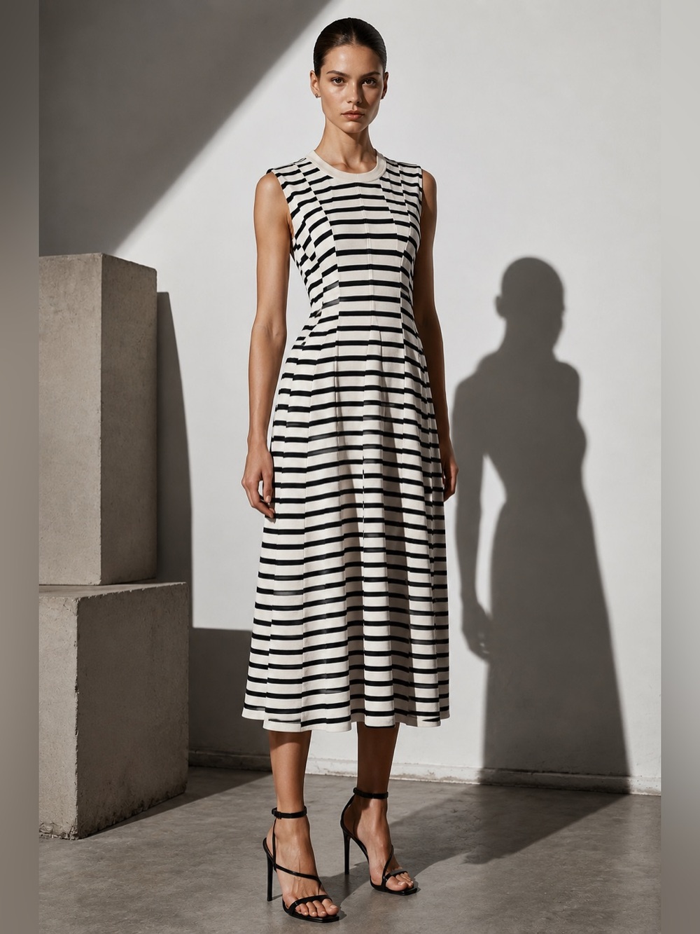T Alexander Wang Black & Ivory Striped Midi Fit and Flare Dress